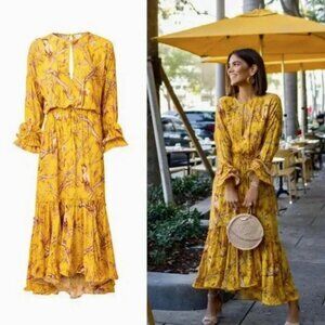 Johanna Ortiz x H&M Yellow Floral Long Sleeve Midi Ruffle Crepe Dress Size Large